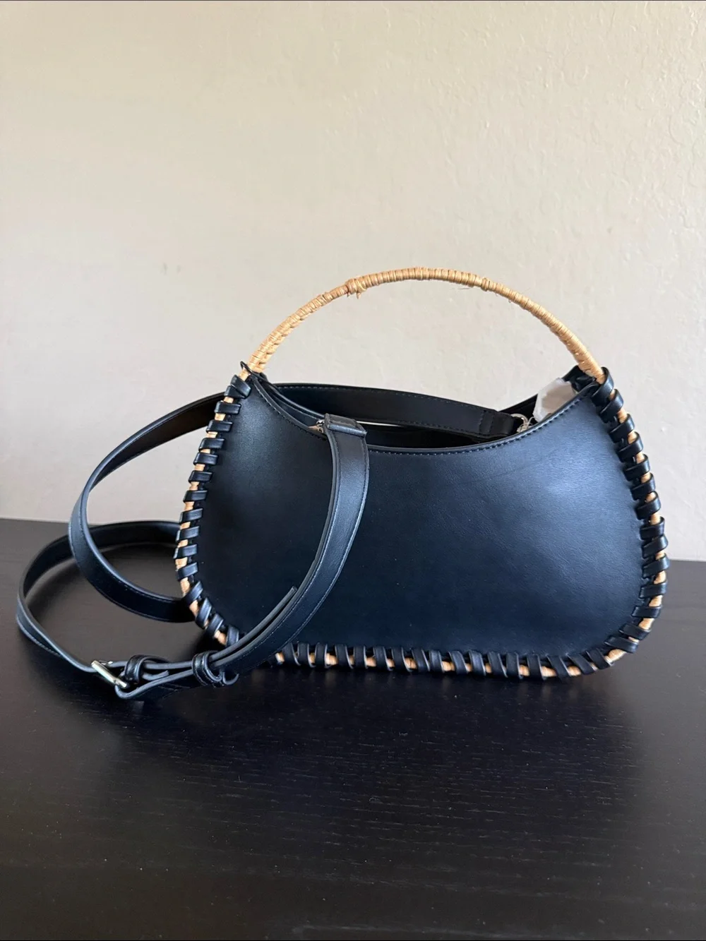BCBG Black Wicker Whipstitch Handbag Faux Leather Rattan Crossbody Bag NWT